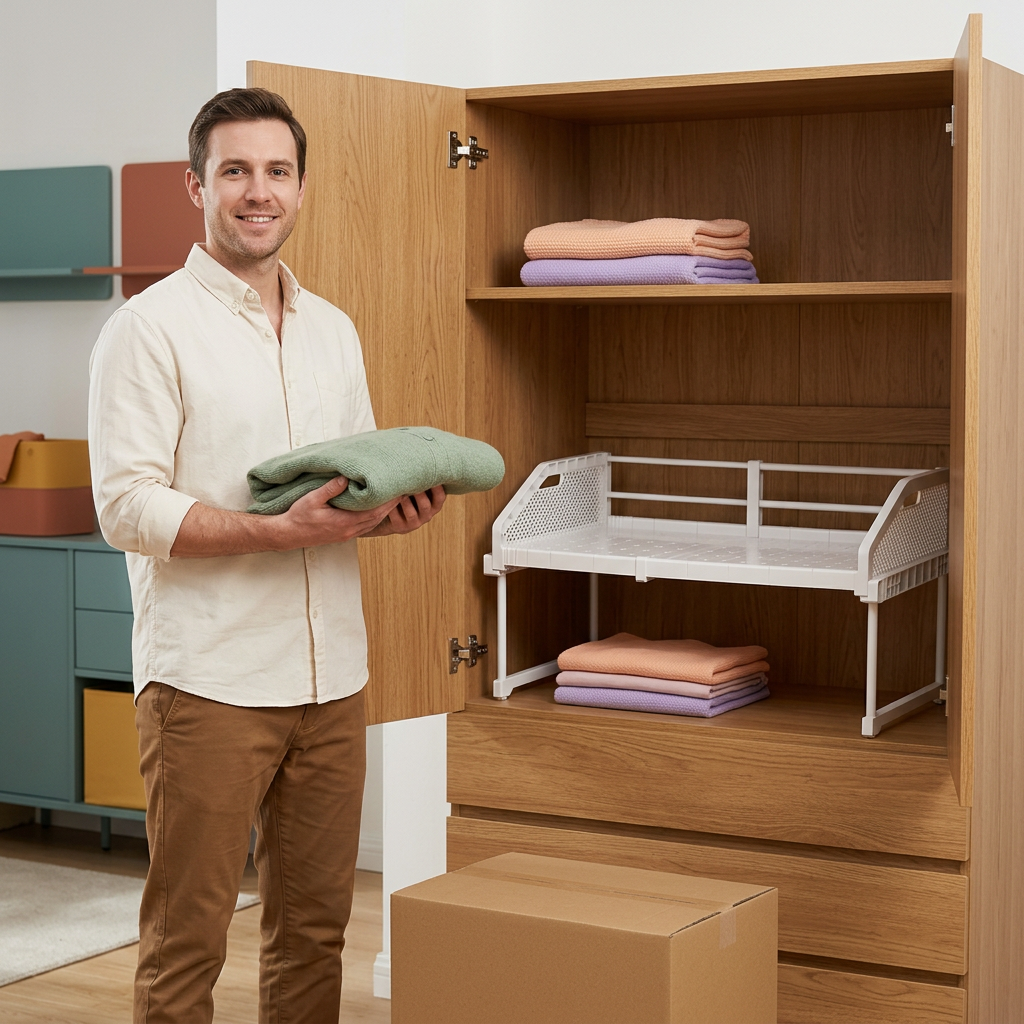 Adult man organizing clothing beside the expandable cabinet shelf