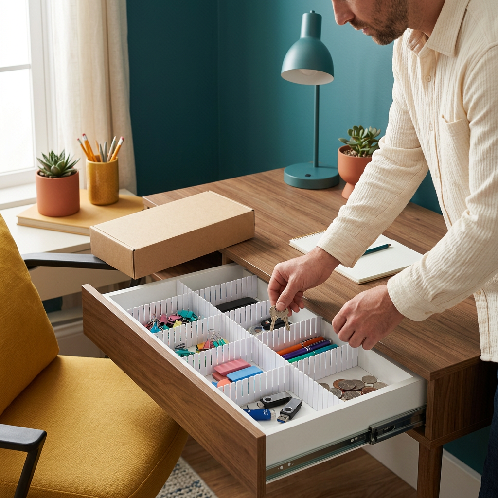 Adult man organizing a home-office drawer