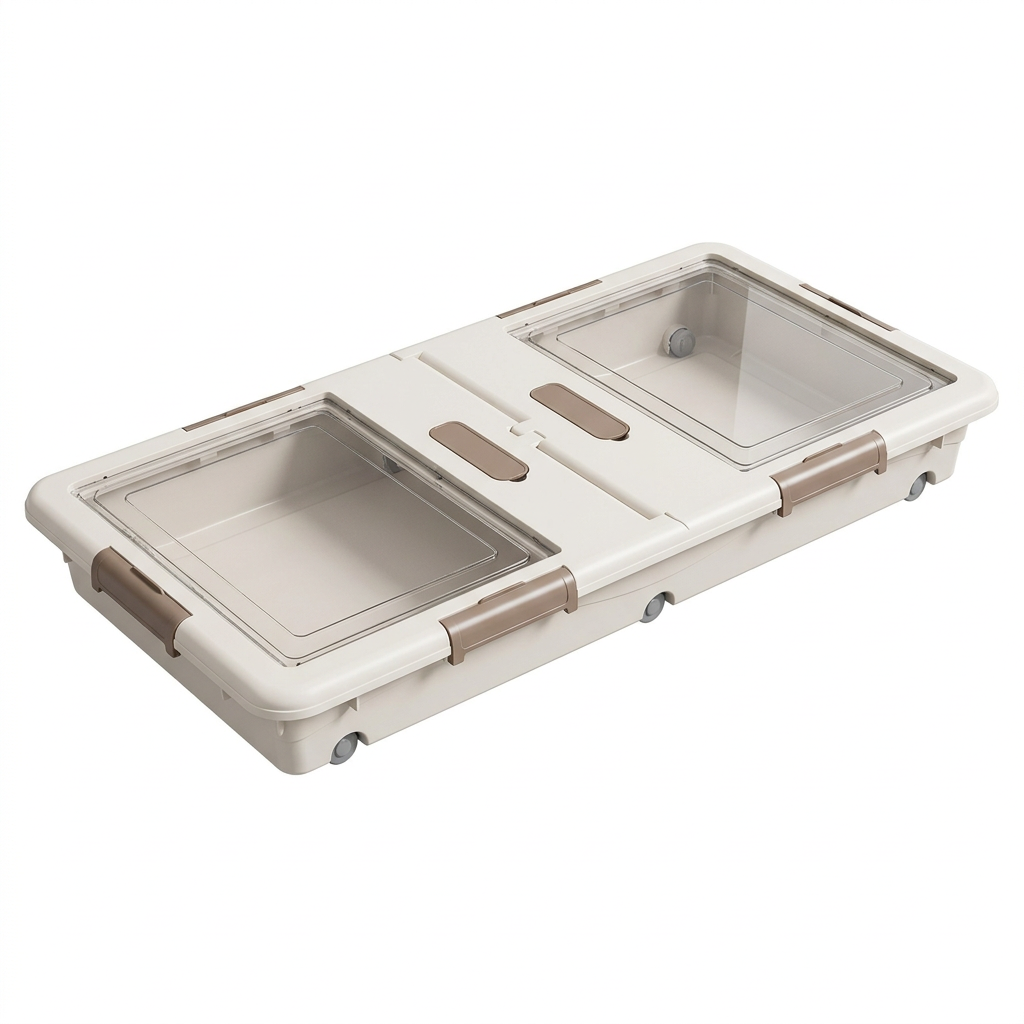Cream-white underbed storage box with clear lid windows on white background