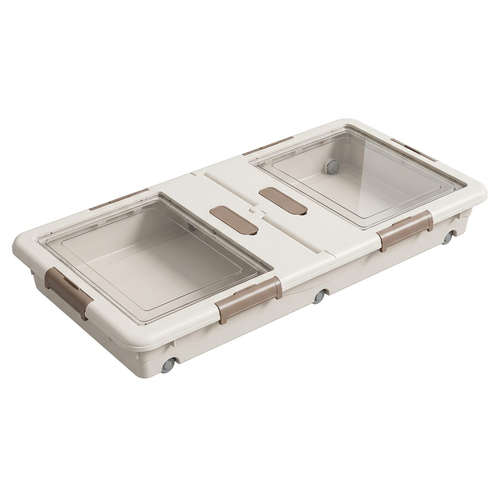 Cream-white underbed storage box with clear lid windows on white background