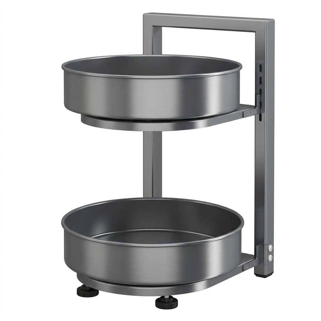 Empty gunmetal-gray two-tier rotating spice rack on white background