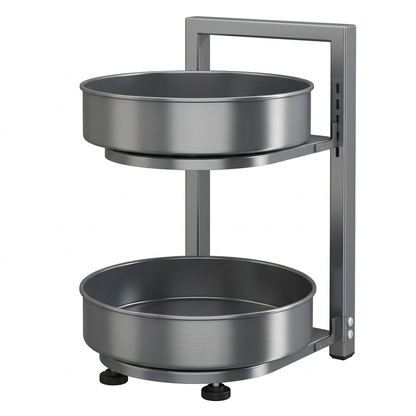 Empty gunmetal-gray two-tier rotating spice rack on white background