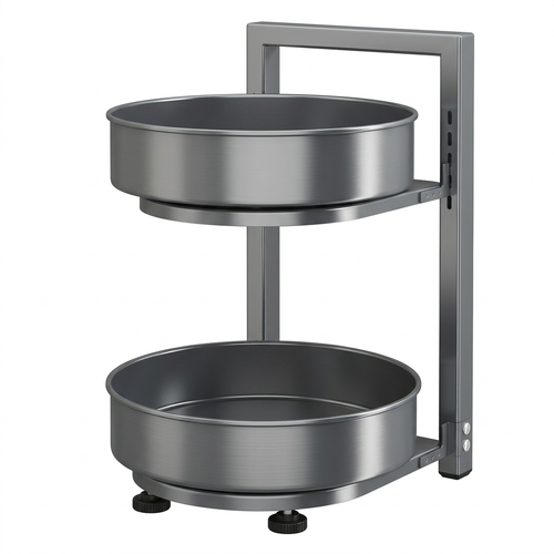 Empty gunmetal-gray two-tier rotating spice rack on white background