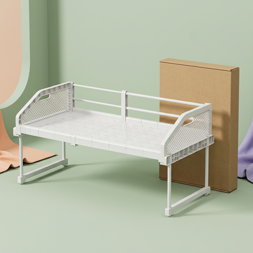White shelf riser beside a plain unbranded packaging concept