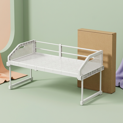 White shelf riser beside a plain unbranded packaging concept