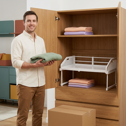 Adult man organizing clothing beside the expandable cabinet shelf