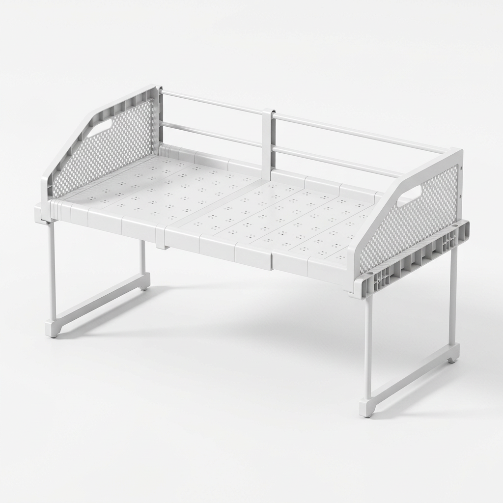 White expandable cabinet shelf riser with high side guards on white background