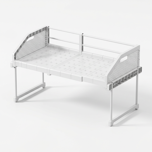 White expandable cabinet shelf riser with high side guards on white background
