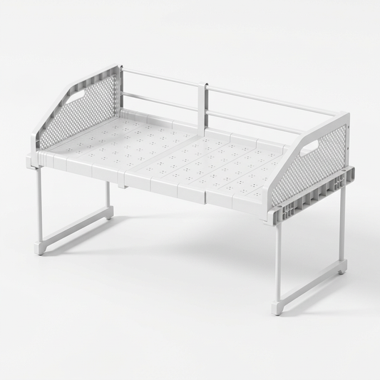 White expandable cabinet shelf riser with high side guards on white background