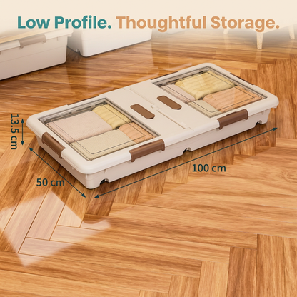 Underbed box dimensions of 100 by 50 by 13.5 centimeters