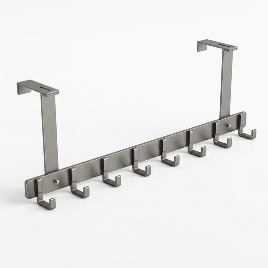 Gunmetal-gray eight-hook over-door rack isolated on white
