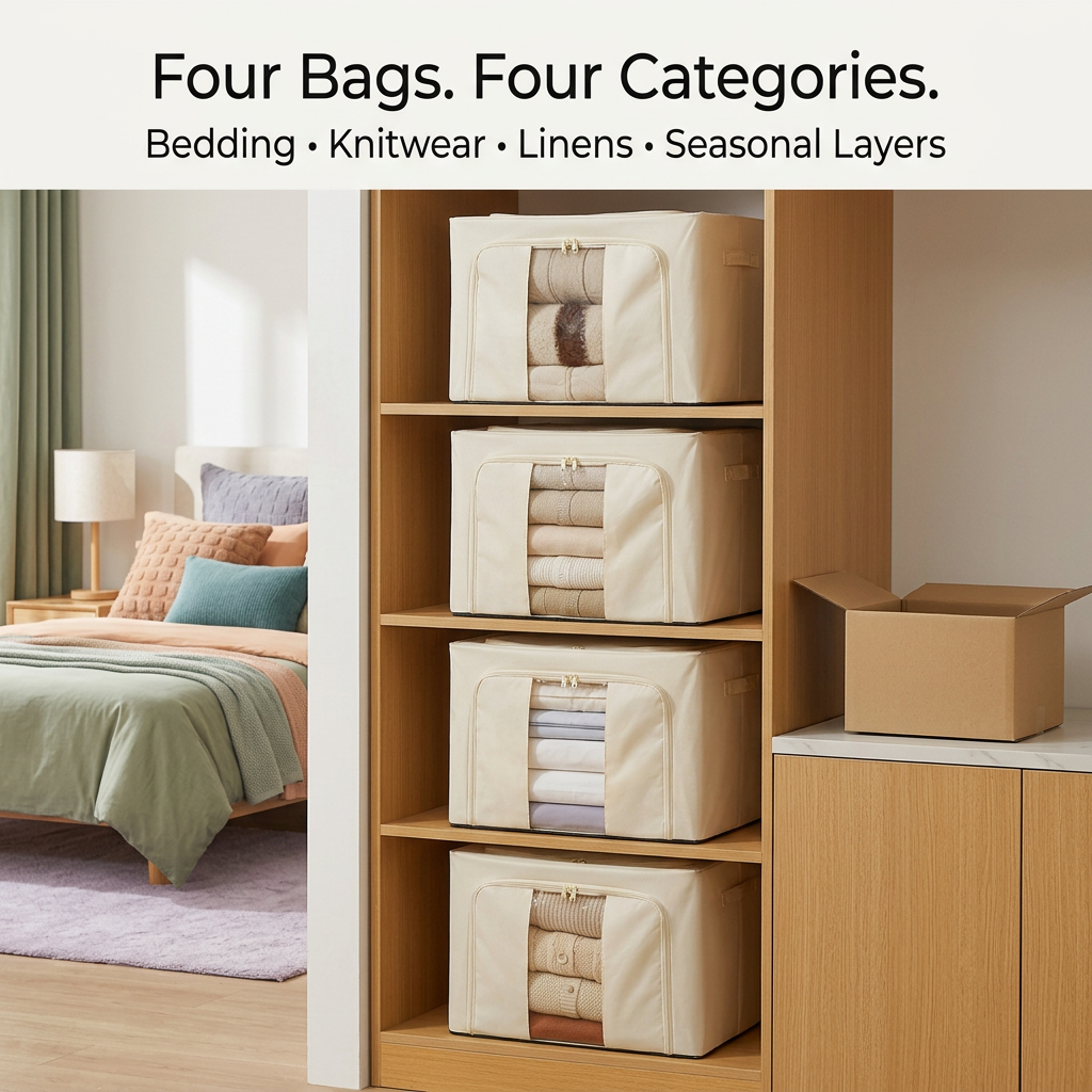 Four storage bags for separate clothing and bedding categories