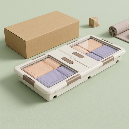 Cream-white storage box beside a plain unbranded packaging concept