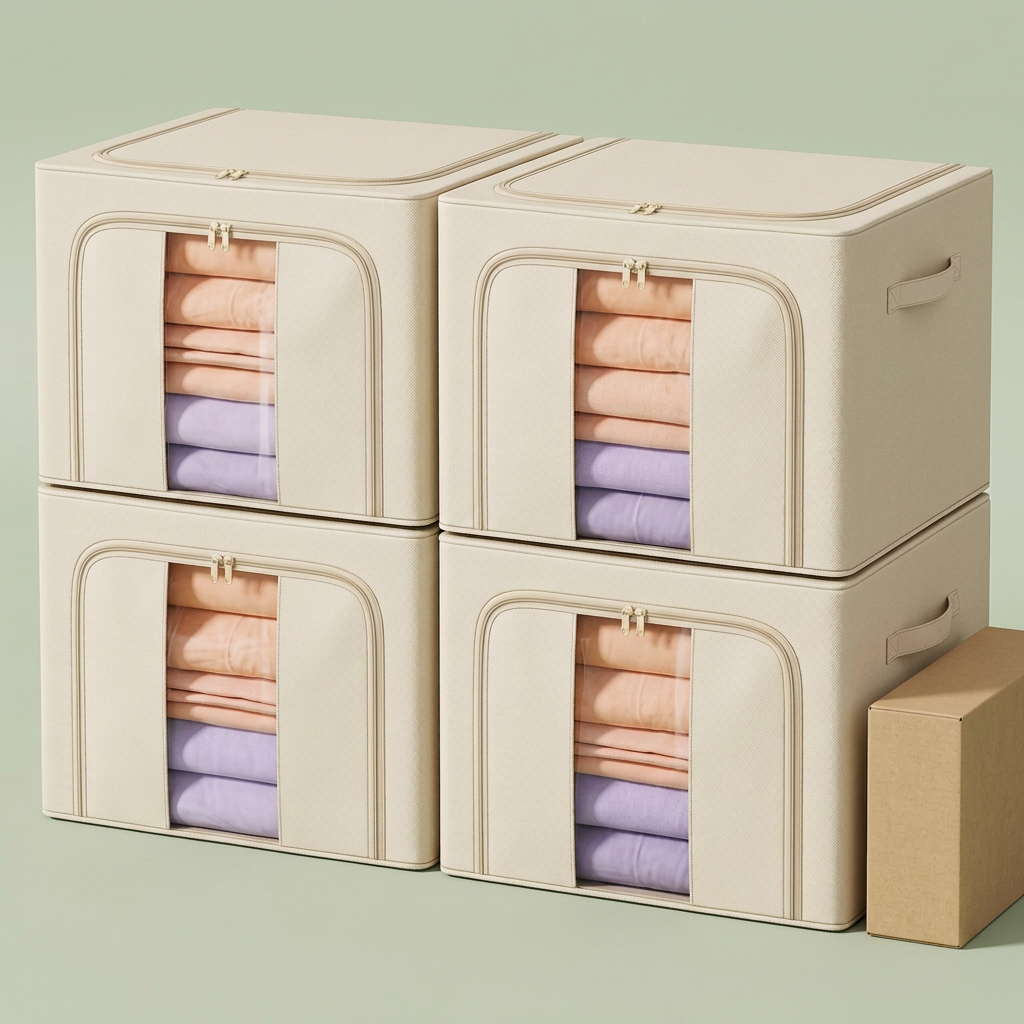 Four-piece beige storage bag set beside a plain packaging concept