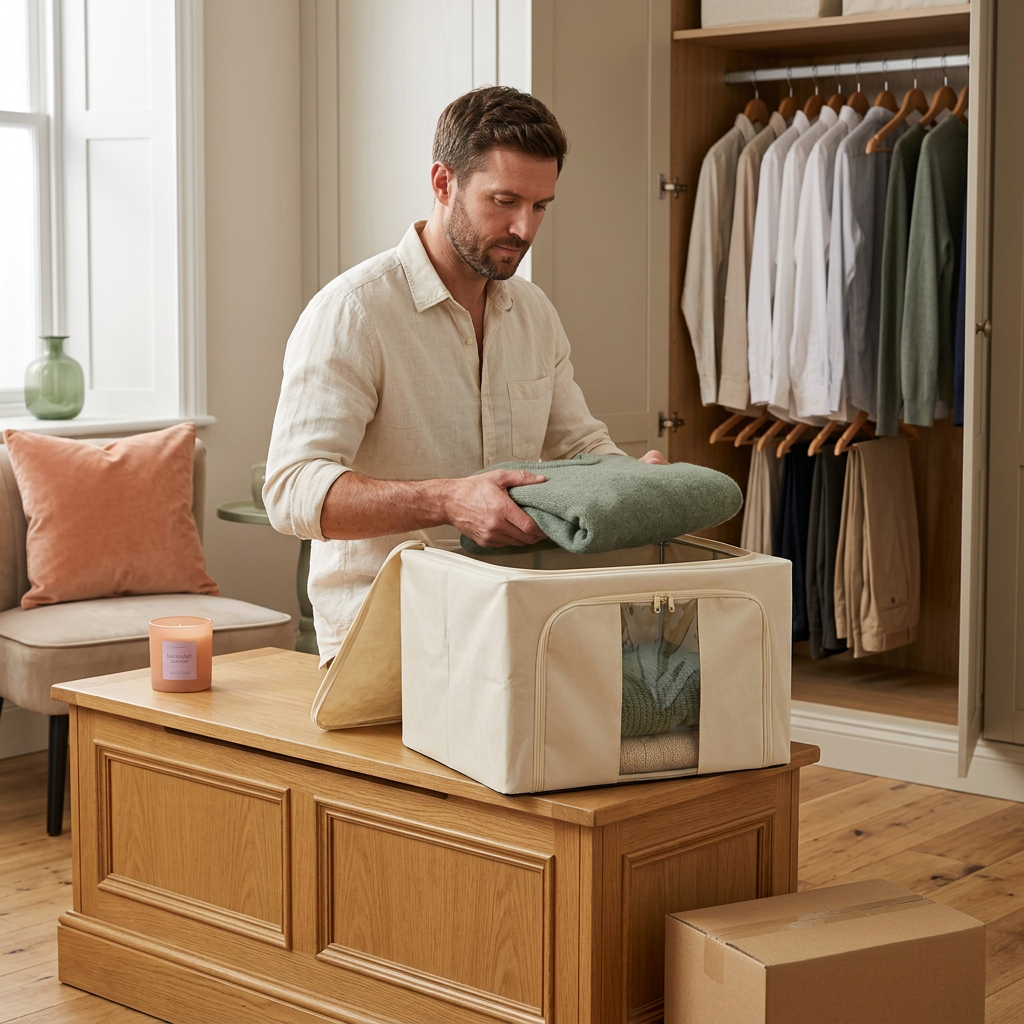Adult man packing a sweater into one bag from the four-piece set