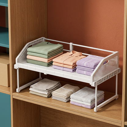Folded clothing and linens arranged above and below a cabinet riser
