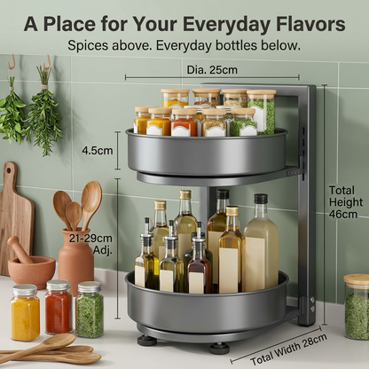 Spice jars above and everyday condiment bottles below