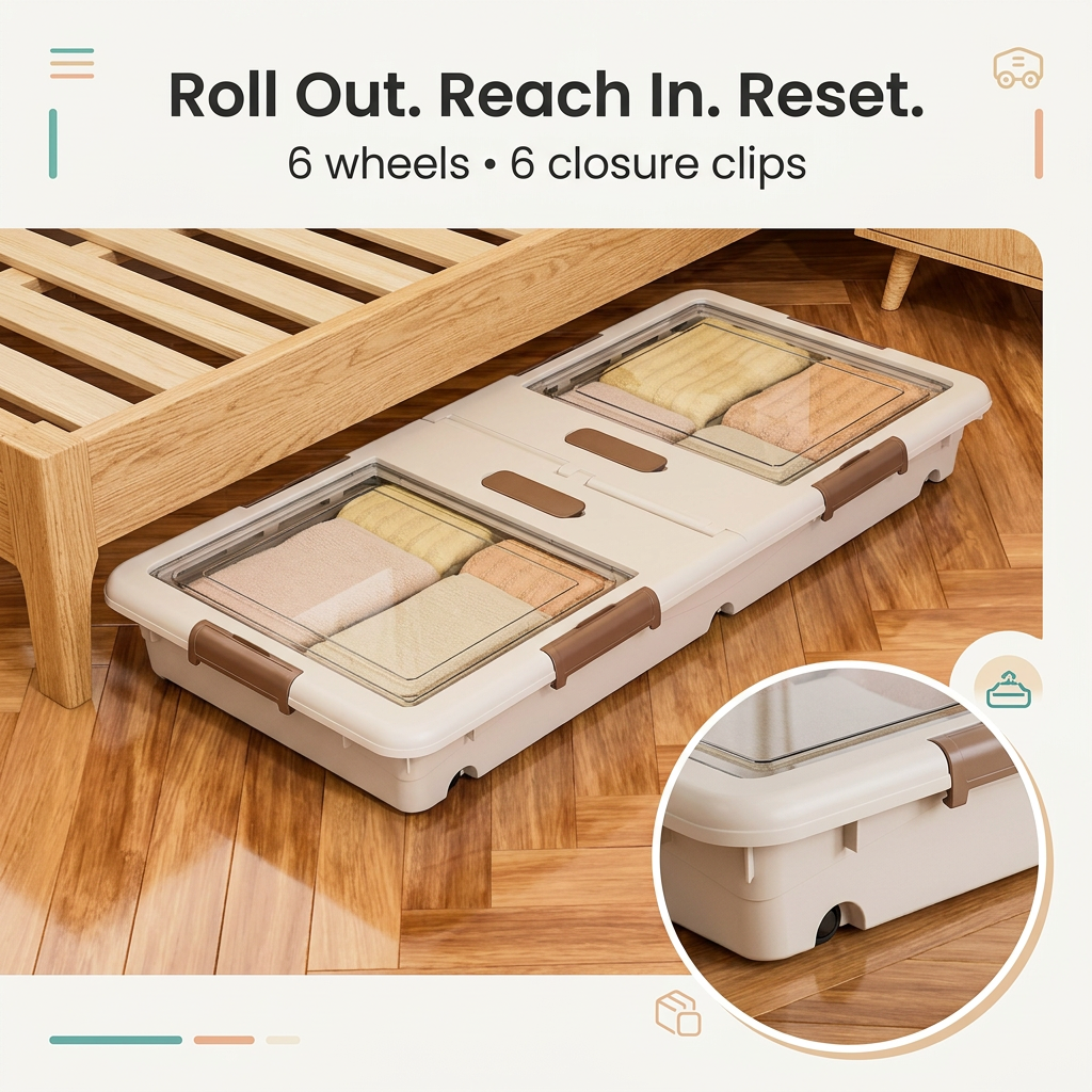 Six wheels and six closure clips on the underbed box