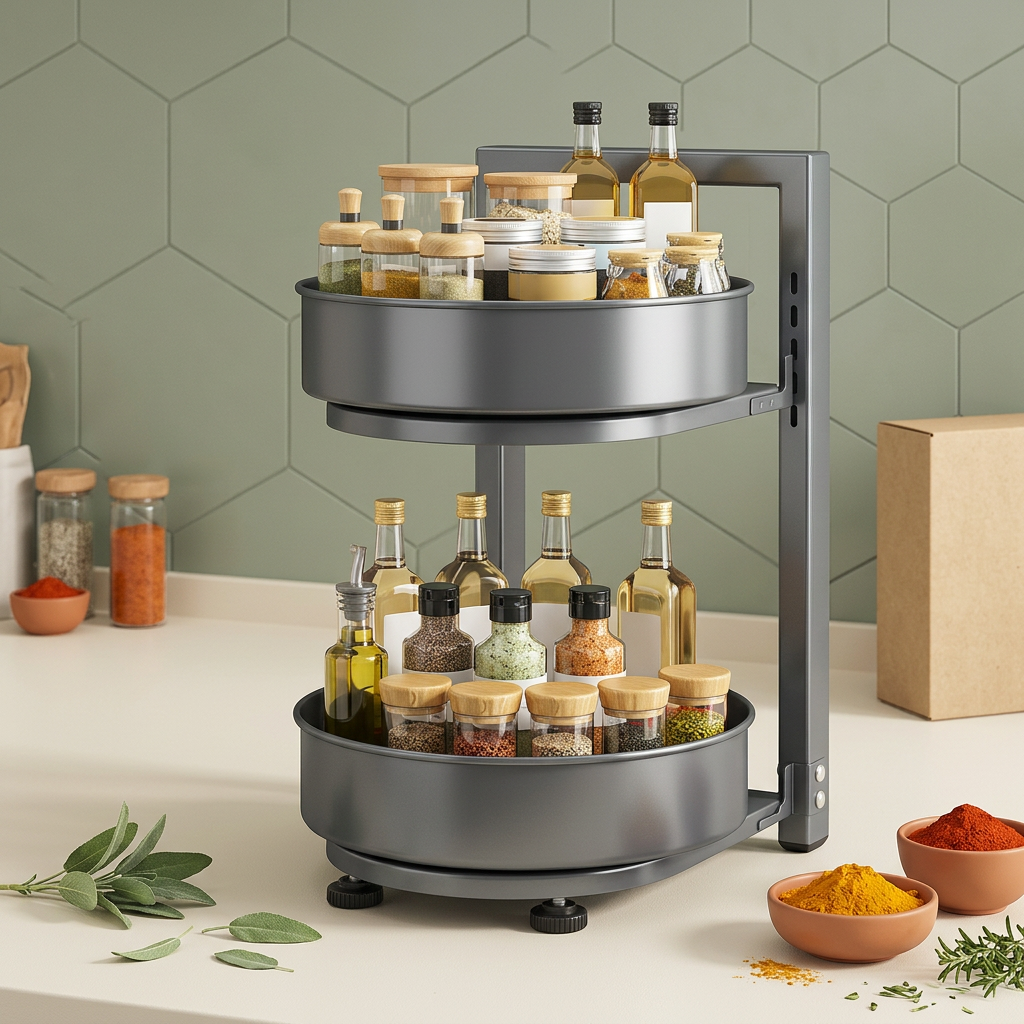 Two-tier rotating spice rack with jars and bottles on a kitchen counter