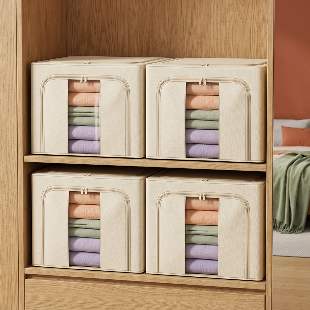 Four beige storage bags arranged on two wardrobe shelves