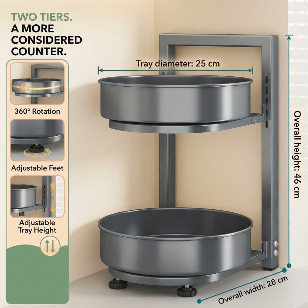 Spice rack dimensions showing 25 cm trays 46 cm height and 28 cm overall width