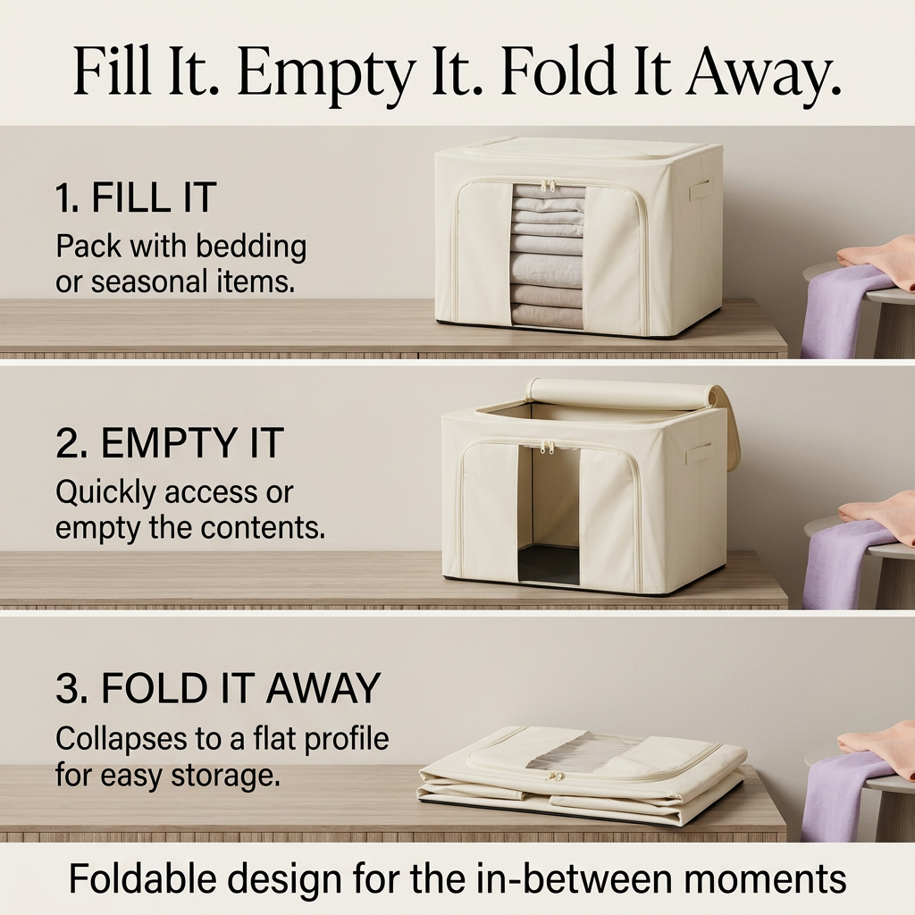 One storage bag shown filled empty and folded away