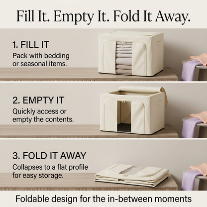 One storage bag shown filled empty and folded away