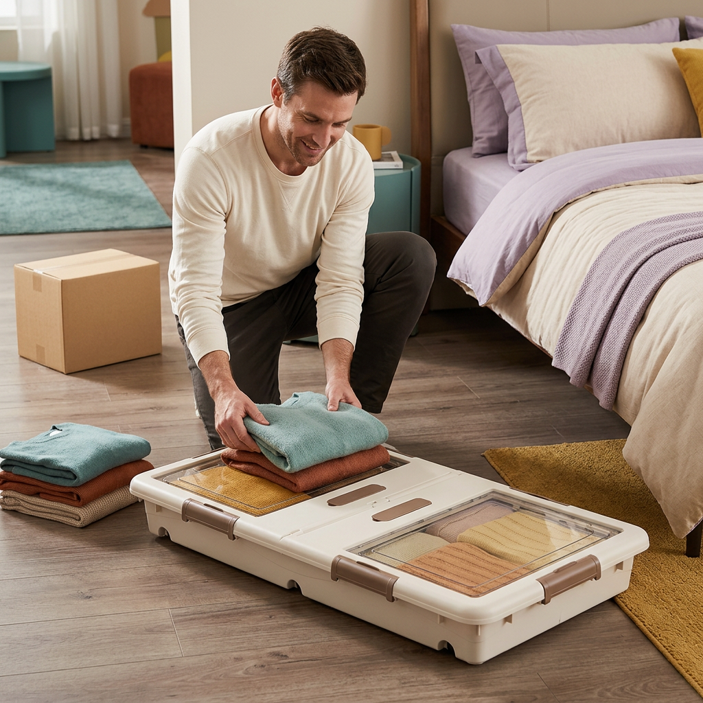 Adult man organizing clothing beside an underbed box