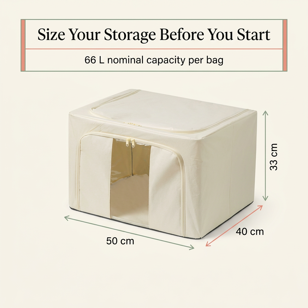 Each storage bag measures 50 by 40 by 33 centimeters with 66 liter nominal capacity