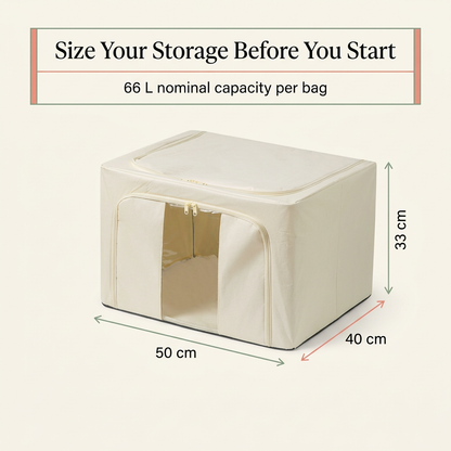 Each storage bag measures 50 by 40 by 33 centimeters with 66 liter nominal capacity