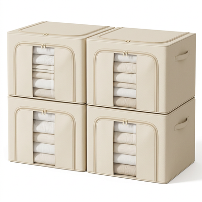 Four matching beige storage bags with clear front windows on white background