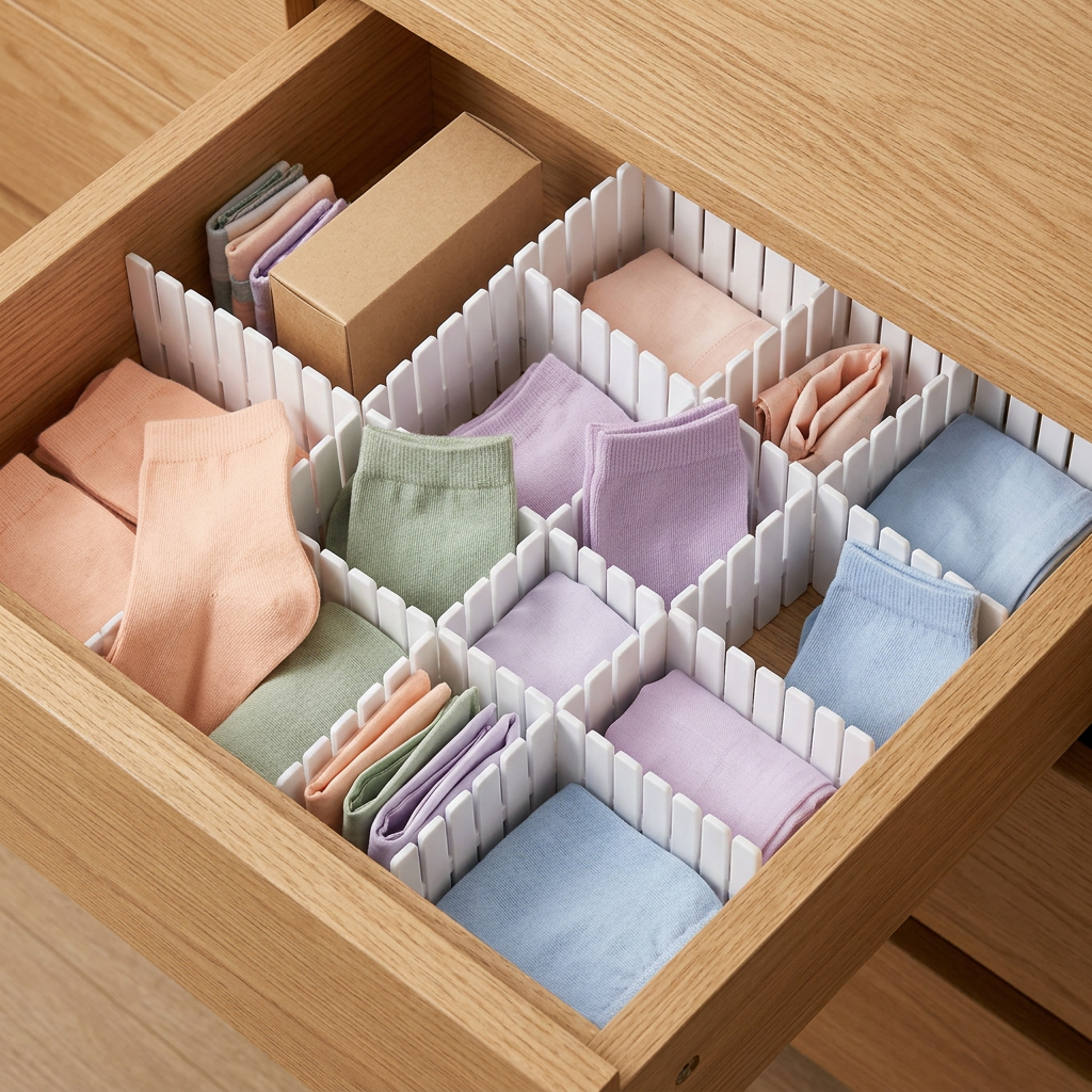 White drawer divider panels organizing colorful socks