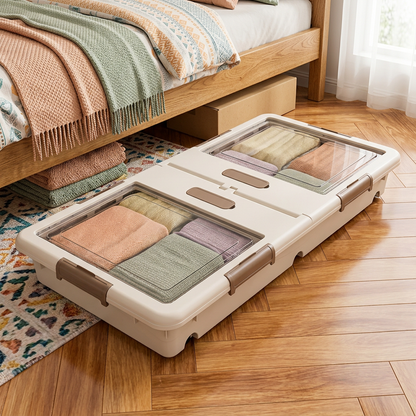 Low-profile underbed box with colorful folded clothing beside a bed