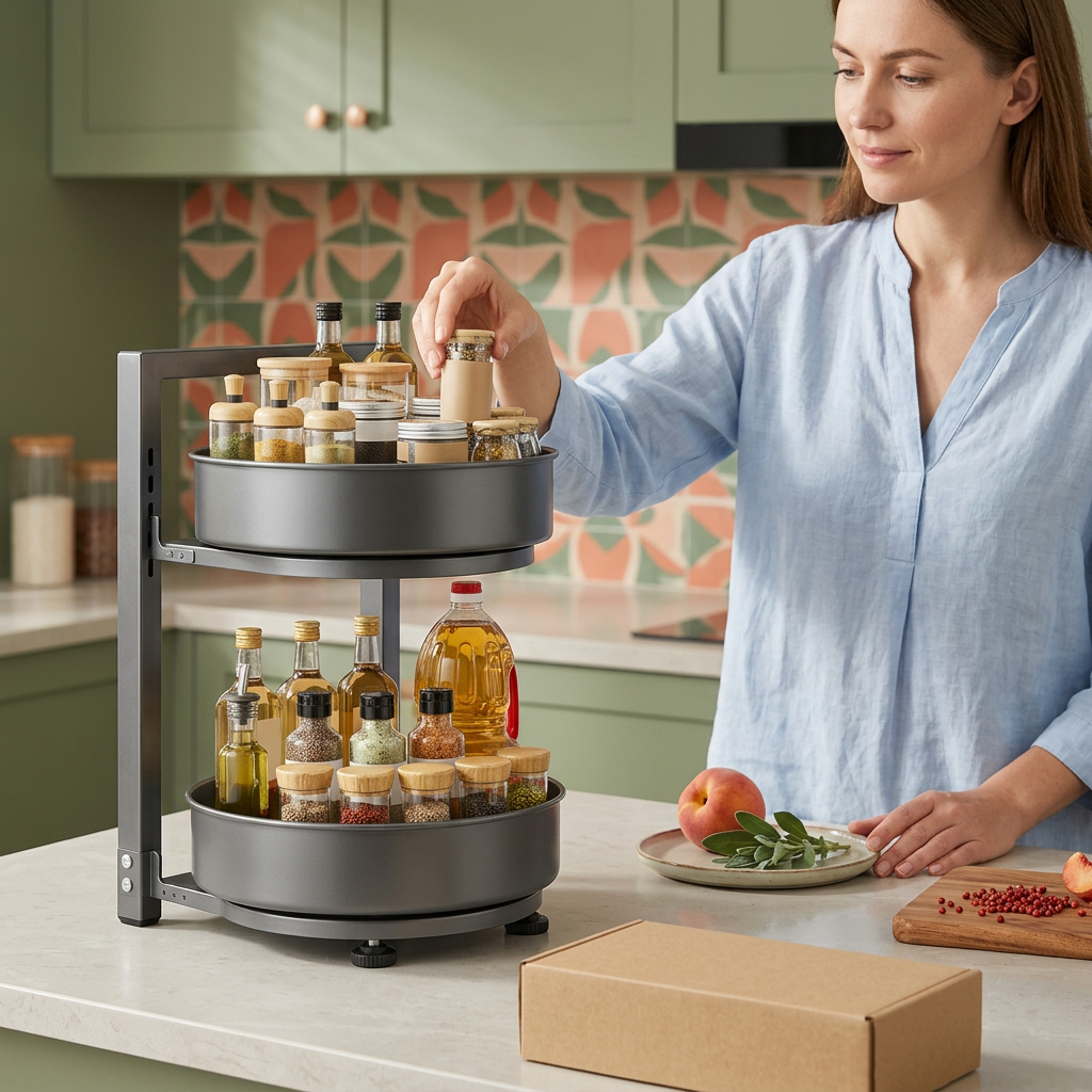 Adult woman selecting a jar from the rotating spice rack