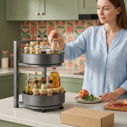 Adult woman selecting a jar from the rotating spice rack