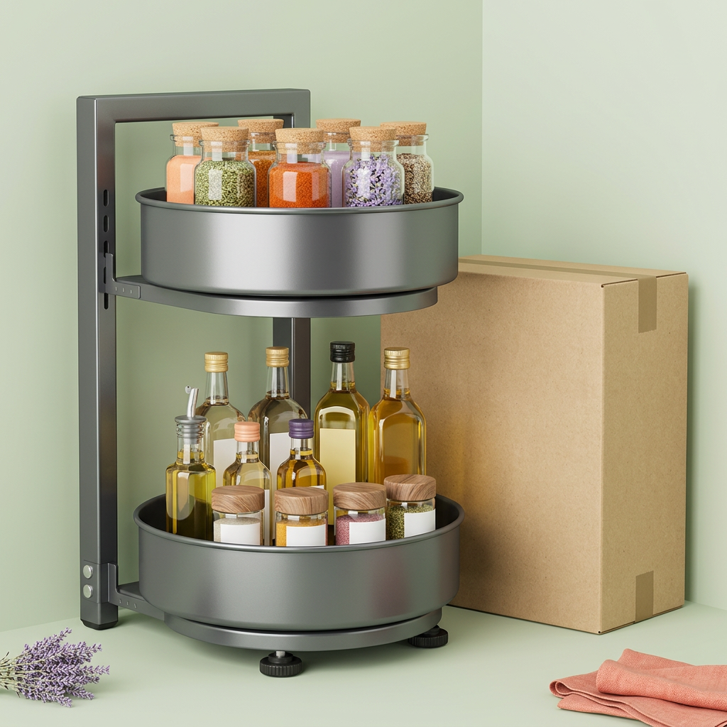 Gunmetal spice rack beside a plain unbranded packaging concept