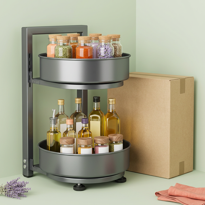 Gunmetal spice rack beside a plain unbranded packaging concept