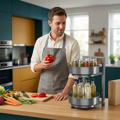 Adult man preparing vegetables beside the gunmetal rotating spice rack