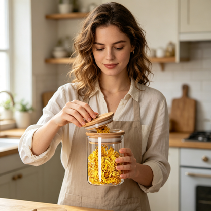 🌿 Storage Jar | Clear Glass Design | Kitchen Organization | Home Lovers | Natural Wooden Charm