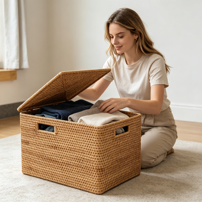 🌿 Storage Basket | Handwoven Rattan Texture | Home Organization | Family Essential | Natural Rustic Charm